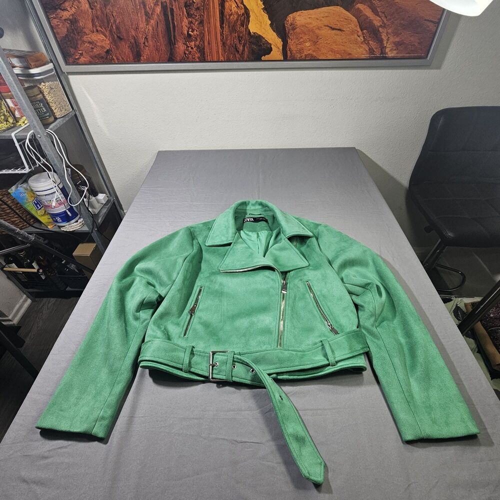 Zara Premium Green Faux Suede Moto Jacket XL Belted Cropped Biker Asymmetric Zip